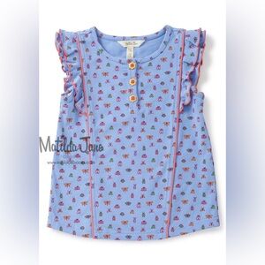 Matilda Jane Size 4 Camp THE VOYAGER TOP Blue w/ Insects Flutter Sleeves NWT